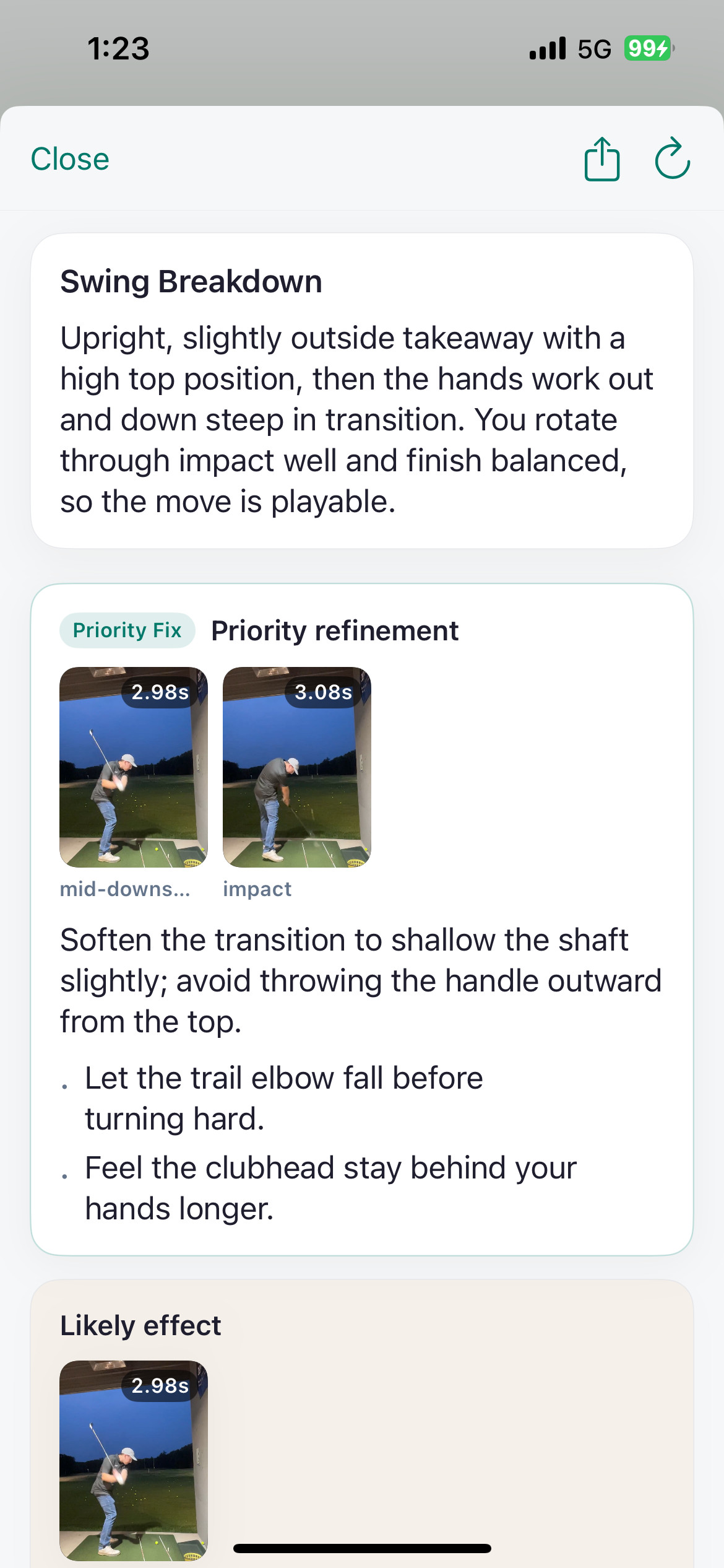 An example Swing Assistant report with a swing breakdown and a priority practice idea on iPhone