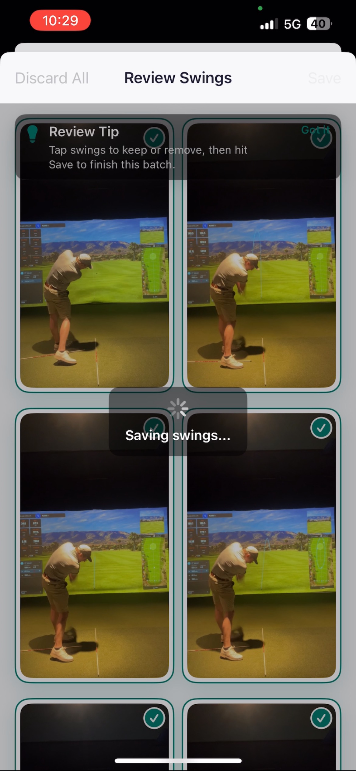 Detected golf swing clips ready to review in SwingGrabber
