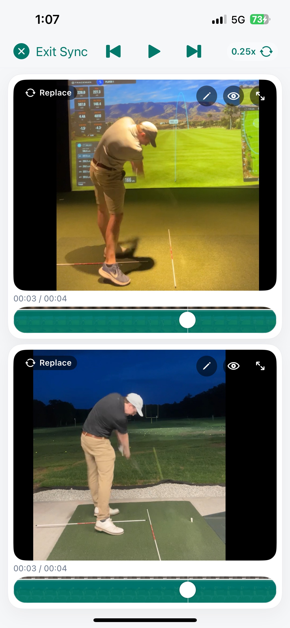 Two golf swings synchronized for side-by-side comparison in the SwingGrabber iPhone app
